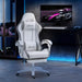 Image of a White Leather Gaming Chair by Vinsetto. The chair has swivel wheels, lumbar support and a neck pillow, a retractable leg rest, padded arms, height adjustment, tilt and a reclining backrest.