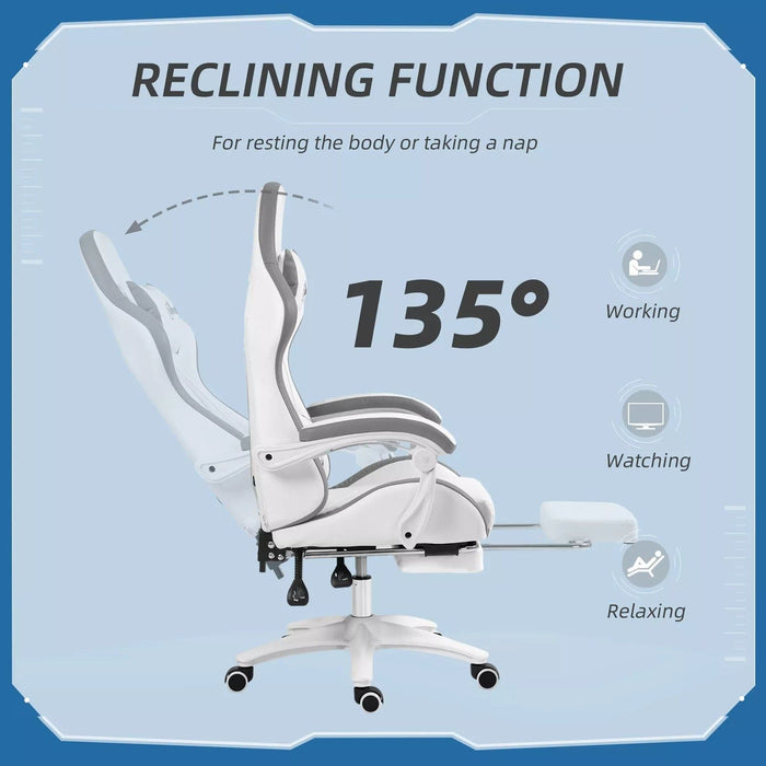 Image of a White Leather Gaming Chair by Vinsetto. The chair has swivel wheels, lumbar support and a neck pillow, a retractable leg rest, padded arms, height adjustment, tilt and a reclining backrest.