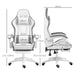 Image of a White Leather Gaming Chair by Vinsetto. The chair has swivel wheels, lumbar support and a neck pillow, a retractable leg rest, padded arms, height adjustment, tilt and a reclining backrest.