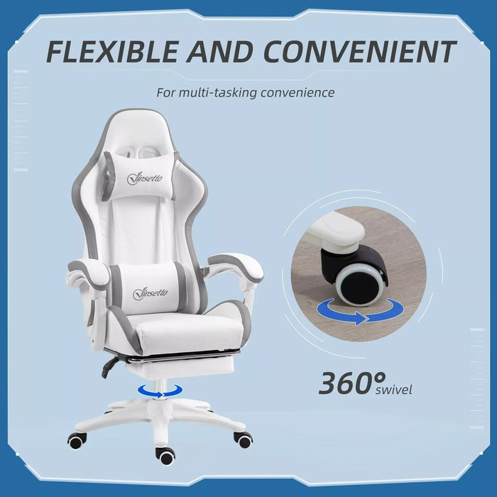 Image of a White Leather Gaming Chair by Vinsetto. The chair has swivel wheels, lumbar support and a neck pillow, a retractable leg rest, padded arms, height adjustment, tilt and a reclining backrest.