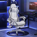 Image of a White Leather Gaming Chair by Vinsetto. The chair has swivel wheels, lumbar support and a neck pillow, a retractable leg rest, padded arms, height adjustment, tilt and a reclining backrest.