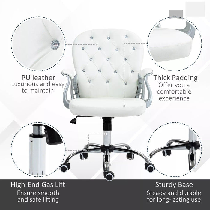 Image of a Vinsetto white leather desk chair with diamante button tufted back rest and a silver frame. The chair has adjustable features like height adjustment, reclining backrest and swivel wheels. This office chair will add a touch of glam and luxury to your home or office.