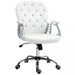 Image of a Vinsetto white leather desk chair with diamante button tufted back rest and a silver frame. The chair has adjustable features like height adjustment, reclining backrest and swivel wheels. This office chair will add a touch of glam and luxury to your home or office.