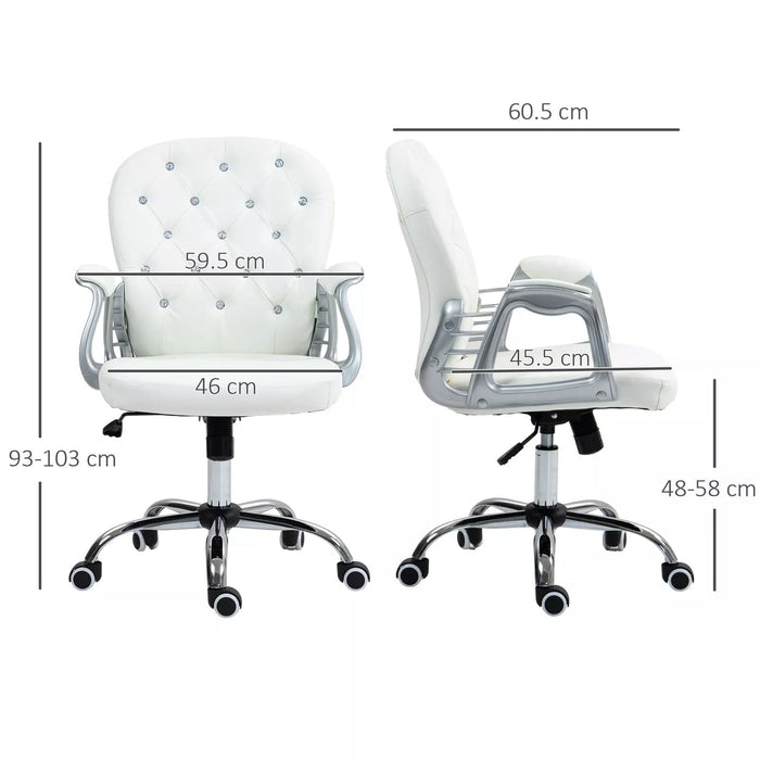 Image of a Vinsetto white leather desk chair with diamante button tufted back rest and a silver frame. The chair has adjustable features like height adjustment, reclining backrest and swivel wheels. This office chair will add a touch of glam and luxury to your home or office.