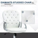 Image of a Vinsetto white leather desk chair with diamante button tufted back rest and a silver frame. The chair has adjustable features like height adjustment, reclining backrest and swivel wheels. This office chair will add a touch of glam and luxury to your home or office.