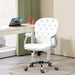 Image of a Vinsetto white leather desk chair with diamante button tufted back rest and a silver frame. The chair has adjustable features like height adjustment, reclining backrest and swivel wheels. This office chair will add a touch of glam and luxury to your home or office.