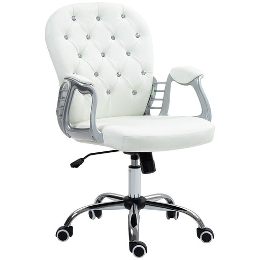 Image of a Vinsetto white leather desk chair with diamante button tufted back rest and a silver frame. The chair has adjustable features like height adjustment, reclining backrest and swivel wheels. This office chair will add a touch of glam and luxury to your home or office.