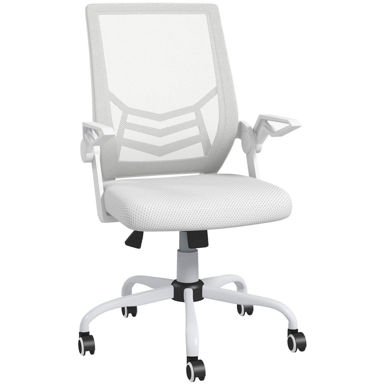 Image of a white mesh desk chair with wheels for home office.