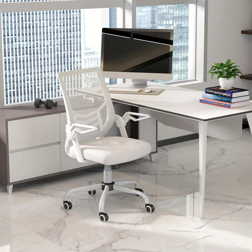 Image of a white mesh desk chair with wheels for home office.