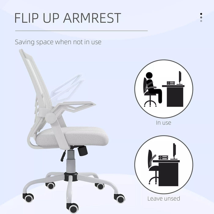 Image of a white mesh desk chair with wheels for home office.