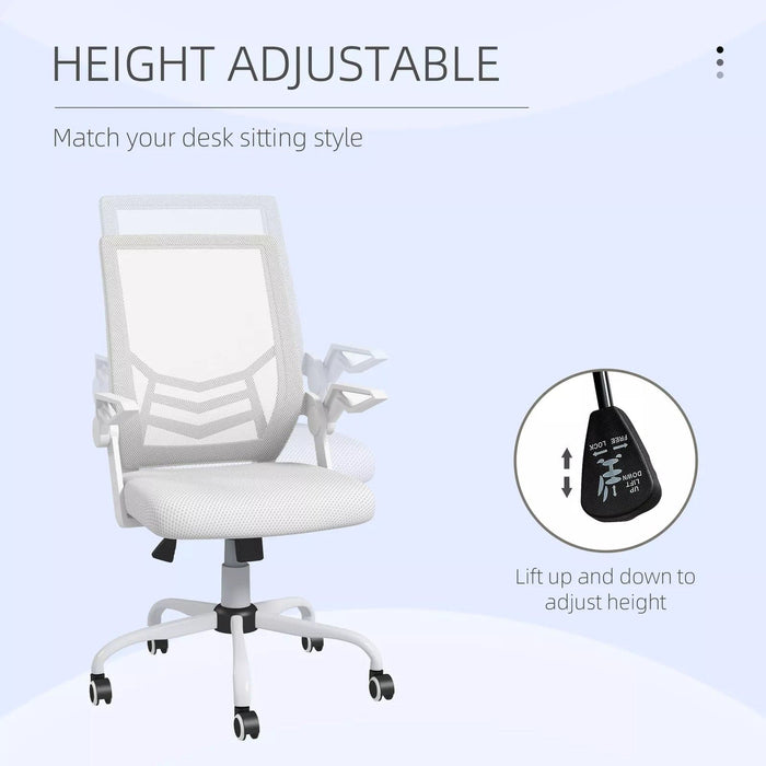 Image of a white mesh desk chair with wheels for home office.