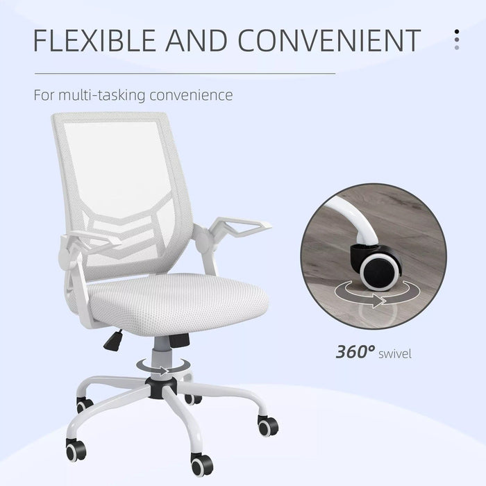 Image of a white mesh desk chair with wheels for home office.