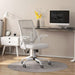 Image of a white mesh desk chair with wheels for home office.