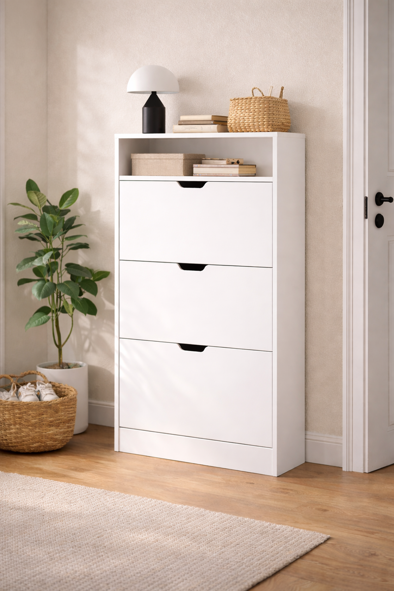 White Narrow 3 Door Shoe Cabinet For Hallway 60cm Wide, Pull Down Drawers