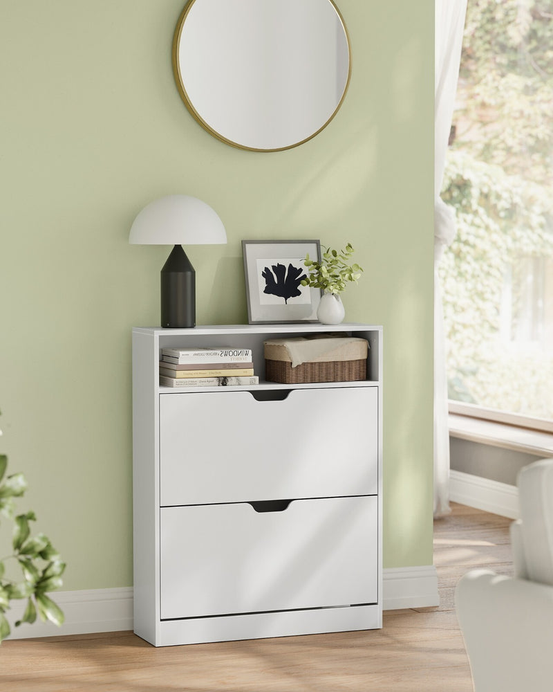 Slim White 2 Drawer Shoe Storage Cabinet with Adjustable Shelves for Hallway, Holds 8 to 12 Pairs of Shoes, 60 x 24 x 102cm
