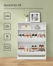 Slim White 2 Drawer Shoe Storage Cabinet with Adjustable Shelves for Hallway, Holds 8 to 12 Pairs of Shoes, 60 x 24 x 102cm