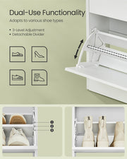 Slim White 2 Drawer Shoe Storage Cabinet with Adjustable Shelves for Hallway, Holds 8 to 12 Pairs of Shoes, 60 x 24 x 102cm