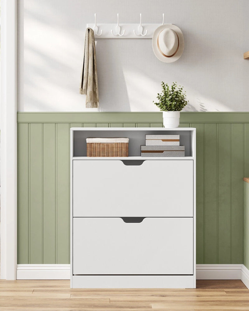 Slim White 2 Drawer Shoe Storage Cabinet with Adjustable Shelves for Hallway, Holds 8 to 12 Pairs of Shoes, 60 x 24 x 102cm