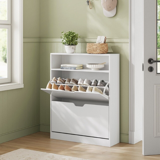 Slim White 2 Drawer Shoe Storage Cabinet with Adjustable Shelves for Hallway, Holds 8 to 12 Pairs of Shoes, 60 x 24 x 102cm