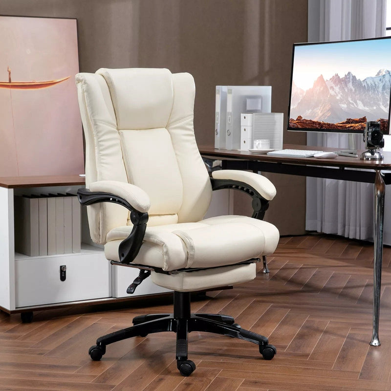 Image of a white office chair with foot rest and swivel wheels