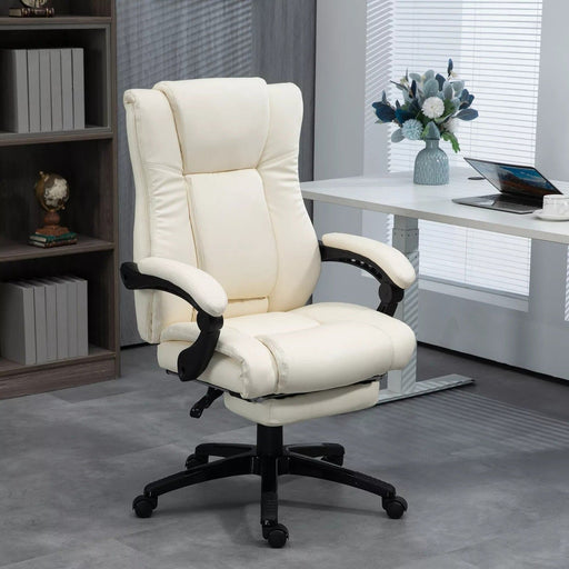 Image of a white office chair with foot rest and swivel wheels