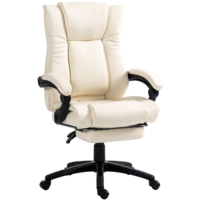 Image of a white office chair with foot rest and swivel wheels