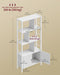 Image of a White Shelving Unit With Cupboard by Vasagle Furniture. White steel frame with white wooden shelves in a staggered arrangement. The cupboards at the bottom have two white doors with dark coloured knobs,