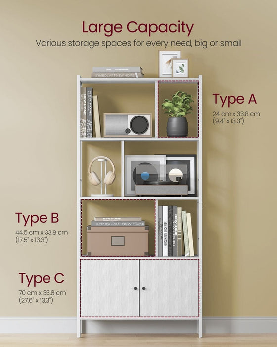 Image of a White Shelving Unit With Cupboard by Vasagle Furniture. White steel frame with white wooden shelves in a staggered arrangement. The cupboards at the bottom have two white doors with dark coloured knobs,