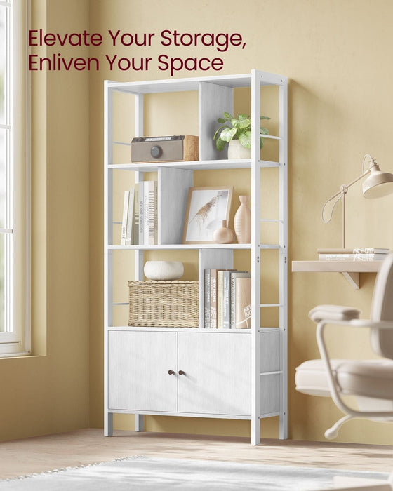 Image of a White Shelving Unit With Cupboard by Vasagle Furniture. White steel frame with white wooden shelves in a staggered arrangement. The cupboards at the bottom have two white doors with dark coloured knobs,