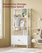 Image of a White Shelving Unit With Cupboard by Vasagle Furniture. White steel frame with white wooden shelves in a staggered arrangement. The cupboards at the bottom have two white doors with dark coloured knobs,