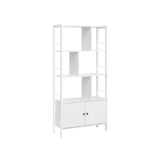 Image of a White Shelving Unit With Cupboard by Vasagle Furniture. White steel frame with white wooden shelves in a staggered arrangement. The cupboards at the bottom have two white doors with dark coloured knobs,