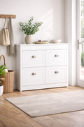 White Shoe Cabinet With Doors - Stores 32 Pairs - 4 Pull-Down Drawers - Adjustable Compartments - Space-Saving Design - Ideal for Hallways & Entrances Homcom