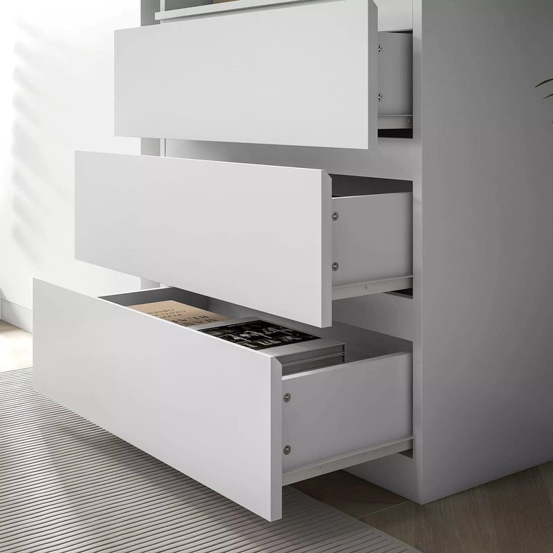 Image of a Tall White 3 Tier Bookcase With 3 Drawers on the bottom. This bookcase has 3 spacious shelves and 3 handle less drawers.