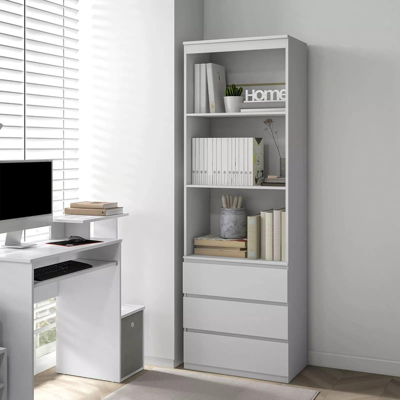Image of a Tall White 3 Tier Bookcase With 3 Drawers on the bottom. This bookcase has 3 spacious shelves and 3 handle less drawers.
