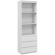 Image of a Tall White 3 Tier Bookcase With 3 Drawers on the bottom. This bookcase has 3 spacious shelves and 3 handle less drawers.