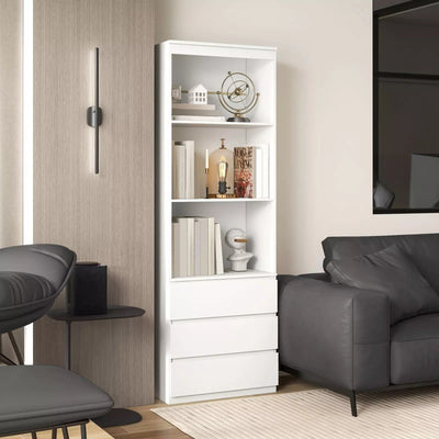 Image of a Tall White 3 Tier Bookcase With 3 Drawers on the bottom. This bookcase has 3 spacious shelves and 3 handle less drawers.