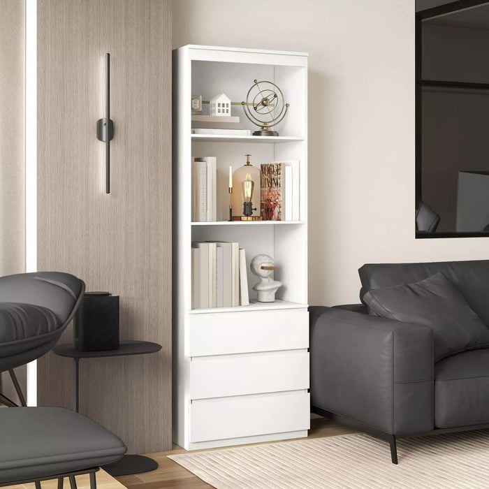 Image of a Tall White 3 Tier Bookcase With 3 Drawers on the bottom. This bookcase has 3 spacious shelves and 3 handle less drawers.