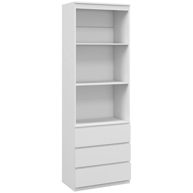 Image of a Tall White 3 Tier Bookcase With 3 Drawers on the bottom. This bookcase has 3 spacious shelves and 3 handle less drawers.