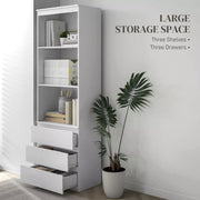Image of a Tall White 3 Tier Bookcase With 3 Drawers on the bottom. This bookcase has 3 spacious shelves and 3 handle less drawers.