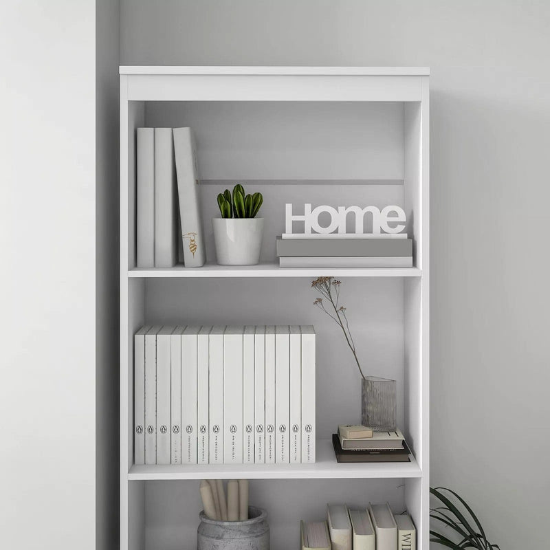 Image of a Tall White 3 Tier Bookcase With 3 Drawers on the bottom. This bookcase has 3 spacious shelves and 3 handle less drawers.
