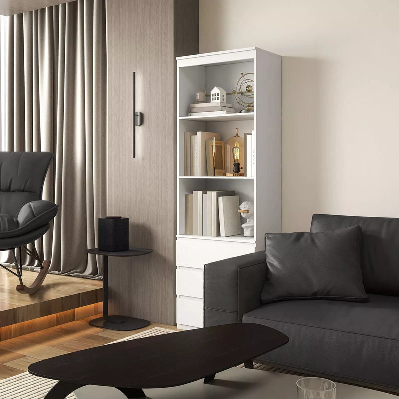 Image of a Tall White 3 Tier Bookcase With 3 Drawers on the bottom. This bookcase has 3 spacious shelves and 3 handle less drawers.