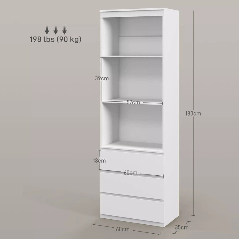 Image of a Tall White 3 Tier Bookcase With 3 Drawers on the bottom. This bookcase has 3 spacious shelves and 3 handle less drawers.