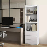 Image of a Tall White 3 Tier Bookcase With 3 Drawers on the bottom. This bookcase has 3 spacious shelves and 3 handle less drawers.