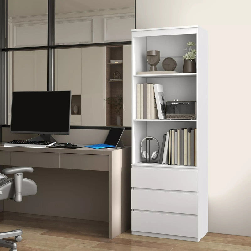 Image of a Tall White 3 Tier Bookcase With 3 Drawers on the bottom. This bookcase has 3 spacious shelves and 3 handle less drawers.