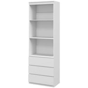 Image of a Tall White 3 Tier Bookcase With 3 Drawers on the bottom. This bookcase has 3 spacious shelves and 3 handle less drawers.