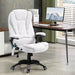 Image of a White Upholstered Desk Chair.

The chair features 6-point heated massage, swivel wheels, reclining backrest and adjustable height. 