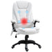 Image of a White Upholstered Desk Chair.

The chair features 6-point heated massage, swivel wheels, reclining backrest and adjustable height. 