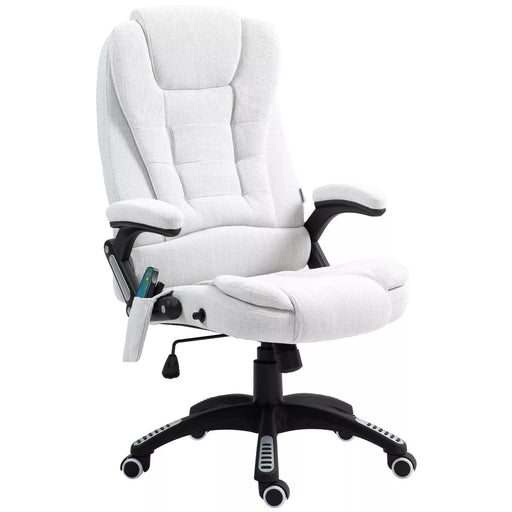 Image of a White Upholstered Desk Chair.

The chair features 6-point heated massage, swivel wheels, reclining backrest and adjustable height. 

