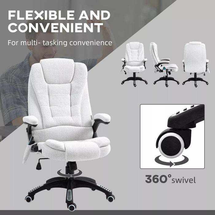 Image of a White Upholstered Desk Chair.

The chair features 6-point heated massage, swivel wheels, reclining backrest and adjustable height. 