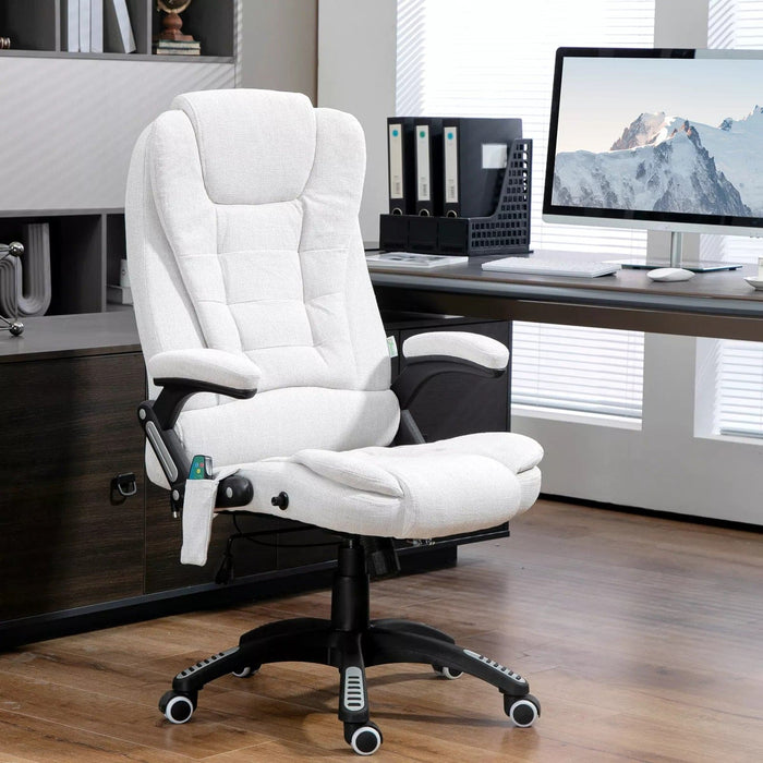 Image of a White Upholstered Desk Chair.

The chair features 6-point heated massage, swivel wheels, reclining backrest and adjustable height. 